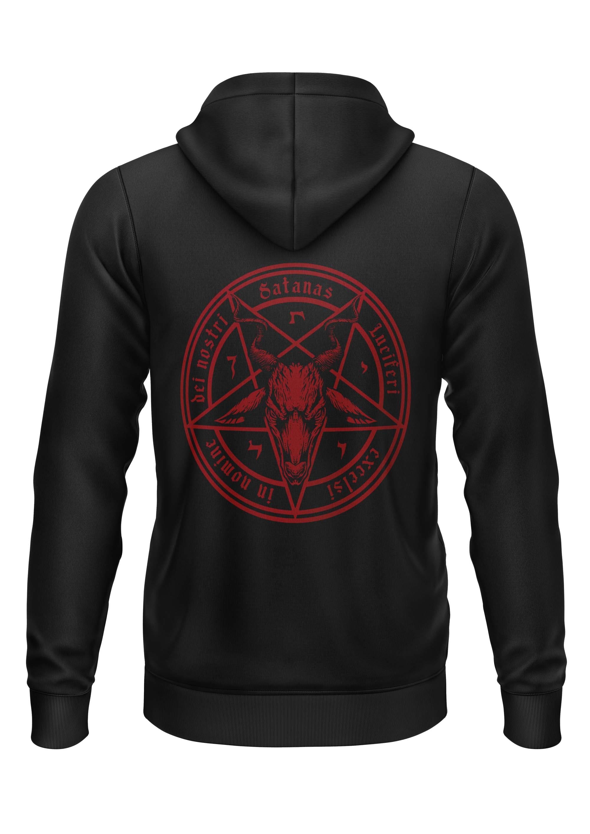 Schwarzer Zip-Hoodie SATANAS RED mit rotem Pentagramm, Ziegen-Schädel, lateinischem Text und Okkultsymbolen aus recyceltem Polyester, strapazierf